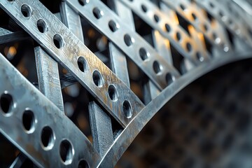 Poster - Close up shot of steel structure with multiple holes, interconnected metallic framework, industrial design and precise engineering, construction elements detail.