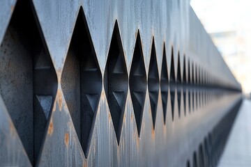 Poster - Architectural metal structure featuring a repeating diamond pattern, creating an abstract and modern design, metalwork with geometric shapes and textures, industrial aesthetic.
