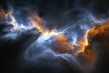 Poster - A cosmic nebula with vibrant blue and orange hues, swirling gases and energy.