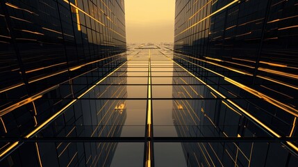 Poster - Reflections of Modern Architecture at Sunset with Golden Light and Glass Facades Showing Symmetrical Patterns and Urban Serenity