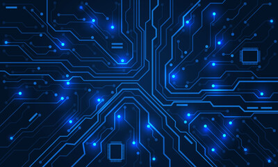 Poster - Abstract circuit board technology connected blue lines with electronics elements computer motherboard chip processor semiconductor digital background vector