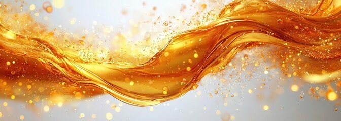 Poster - A horizontal wave of golden liquid oil isolated on a white background with a clipping path. Copy space, commercial use