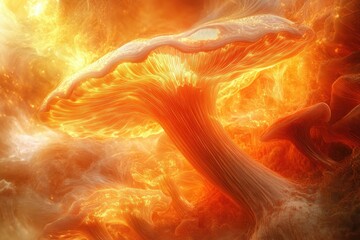 Aufkleber - Fiery, ethereal mushrooms rise from a swirling, orange nebula, a fantastical, surreal scene.