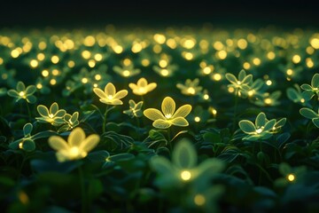 Poster - Glowing flowers illuminate a dark field, creating a magical, enchanting scene.
