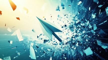 Poster - dynamic paper airplane soaring through a vibrant digital explosion of shards and light