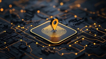 Poster - Technological Concept of Location Pin on Circuit Board with Glowing Connections Representing Future Digital Navigation and Connectivity Solutions