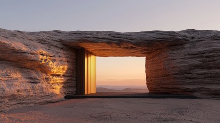 Poster - sustainable tourism ecotourism eco-lodges concept. A modern architectural structure framed by natural rock formations, illuminated by sunset, creating a harmonious blend of nature and design.