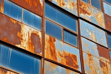 Rusty Metal Wall with Blue Windows