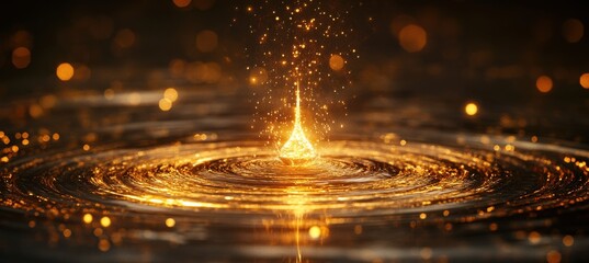 Poster - Golden Water Droplet Creating Ripples on a Dark Background with Shimmering Bokeh Lights and Sparkling Particles in a Calm Environment