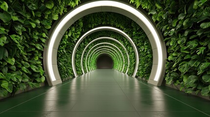 Poster - sustainable tourism ecotourism eco-lodges concept. A modern, circular tunnel lined with lush greenery and illuminated by soft lighting, creating a serene and inviting atmosphere.