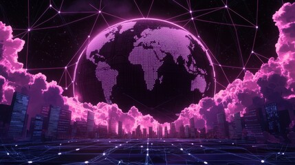Poster - Digital World in Pink Neon Glow, Global Network Visualization Over Urban Skyline with Clouds and Geometric Patterns in Futuristic Style