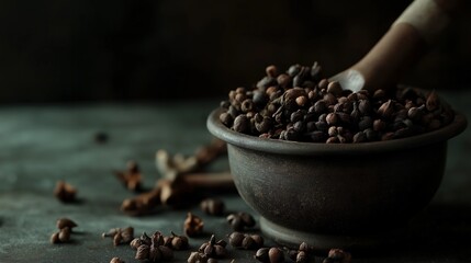 Wall Mural - Rustic wooden mortar with peppercorns on dark background