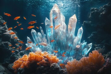 Aufkleber - Underwater scene with vibrant coral reefs and a stunning crystal formation, home to numerous orange fish.