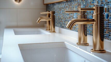 Poster - A spacious modern bathroom featuring light blur, beige, and white tiles, complemented by elegant brass faucets. A sleek double vanity with two sinks enhances functionality.