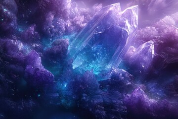 Poster - Luminous purple and blue crystals glowing in a dark, ethereal cavern, creating a mystical and otherworldly scene.