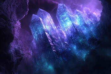 Poster - Luminous blue and purple crystals illuminate a dark cave, creating a magical, ethereal scene.