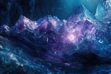 Poster - Glowing, crystalline mountainscape in vibrant blues and purples, resembling an alien landscape.