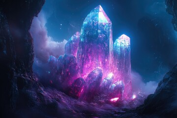 Poster - Glowing purple and blue crystals illuminate a dark, cavernous landscape under a starry night sky.