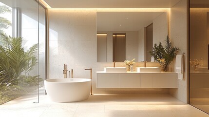 Poster - A spacious modern bathroom featuring light blur, beige, and white tiles, complemented by elegant brass faucets. A sleek double vanity with two sinks enhances functionality.