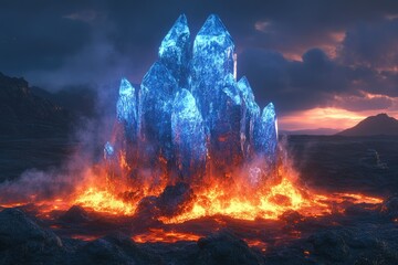 Aufkleber - A surreal landscape depicting a massive blue crystal formation erupting from a fiery volcanic base.