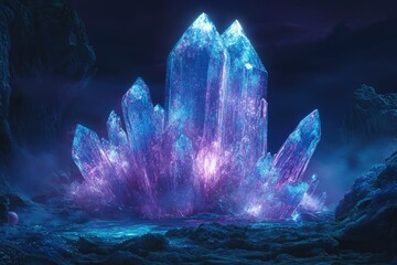 Poster - A mesmerizing cluster of glowing blue and purple crystals illuminates a dark, alien landscape.