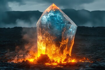 Aufkleber - A giant, translucent crystal, glowing with inner fire, stands majestically amidst volcanic landscape.