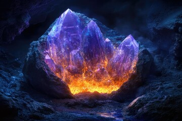 Aufkleber - A vibrant, glowing purple and orange crystal cluster nestled within a dark, mystical cave.