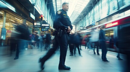 Wall Mural - Police arrest in front of a busy train station. Featuring authority and justice