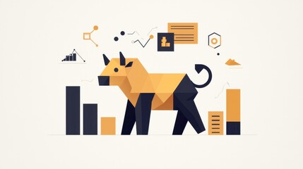 Poster - Geometric Illustration of a Bull with Financial Graphs and Icons Representing Market Trends in a Modern Flat Design Style