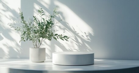 Poster - Minimalist and Modern Interior Design with a Round Pedestal Table and a Simple Green Plant Arrangement in Bright Natural Light