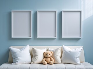 Wall Mural - Three blank frames above a white bench with cushions and a teddy bear in a light blue room.