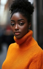 Wall Mural - A woman with a black hair style and a red shirt is wearing an orange sweater. She has a nice smile and is looking at the camera