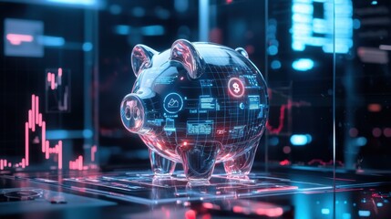 Poster - Digital Financial Analysis with a Transparent Piggy Bank and Stock Data Visualization in a Futuristic Environment