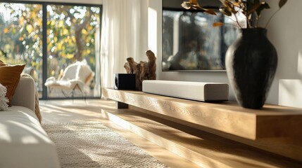 Poster - Close-up shot of a stylish soundbar in a cozy, small living space. The soundbar sits on a wooden console beneath a modern, stand-style TV with a thin bezel.