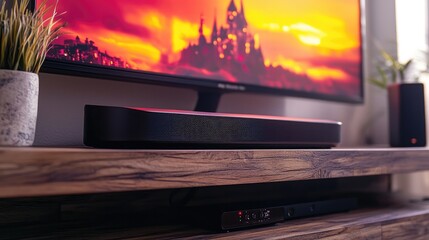Poster - Close-up shot of a stylish soundbar in a cozy, small living space. The soundbar sits on a wooden console beneath a modern, stand-style TV with a thin bezel.