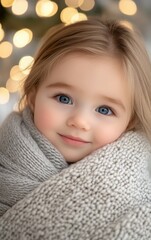 Wall Mural - A young girl is wearing a white scarf and smiling. The image has a warm and cozy feeling, as if the girl is enjoying a moment of comfort and happiness