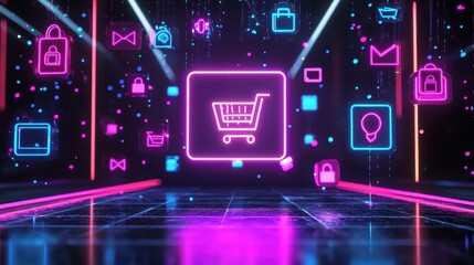 Poster - Neon shopping cart icon surrounded by vibrant holographic symbols in a modern digital space showcasing online commerce and shopping trends