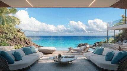 Poster - A luxurious tropical beach with a stunning view of crystal-clear turquoise ocean water and a vibrant blue sky with fluffy white clouds. The setting features a modern outdoor lounge area.