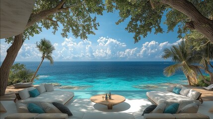Poster - A luxurious tropical beach with a stunning view of crystal-clear turquoise ocean water and a vibrant blue sky with fluffy white clouds. The setting features a modern outdoor lounge area.