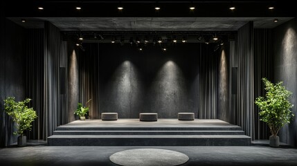 Poster - modern minimalist stage design with spotlights, plants, and simple seating for presentations, perfor