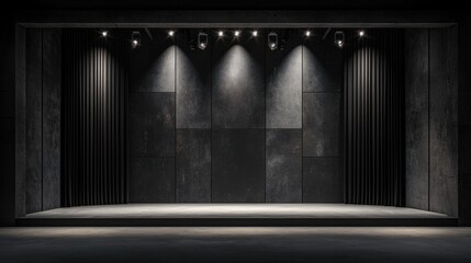 Poster - Modern minimalist stage design with dramatic lighting featuring sleek concrete walls and a spacious floor for performances and events