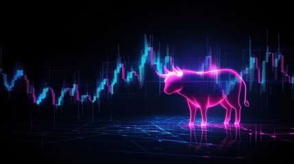 Poster - Neon Bull Figure Overlaying Stock Market Chart in Blue and Pink Hues with Digital Vibes Showcasing Financial Trends and Optimism