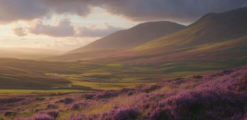 Wall Mural - Serene Landscape with Rolling Hills, Purple Heather, and Soft Sunlight at Dusk in a Tranquil Setting