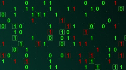 Poster - Green glowing binary matrix on a grid. Texture animation, horizontal composition. Technology motion graphic.