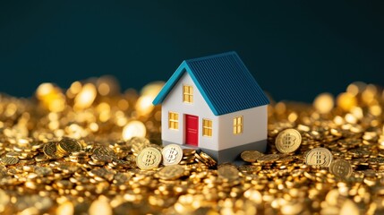 Poster - Tiny model of a house surrounded by shiny gold coins representing wealth, investment, and cryptocurrency in a conceptual financial environment