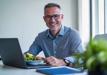 Wall Mural - A smiling middle-aged business man is having lunch at his desk, with a laptop and papers in front of him