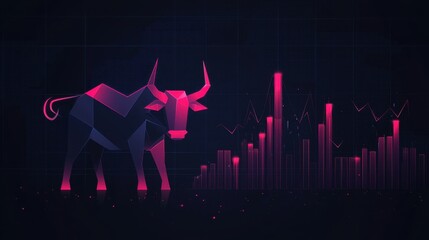 Poster - Abstract geometric bull figure with digital graph background representing market growth and financial success in a modern aesthetic