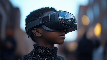 Poster - A black student wearing the VR headset.