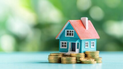 Poster - Miniature blue house with red roof surrounded by golden coins on a soft green blurred background representing investment and property growth opportunity