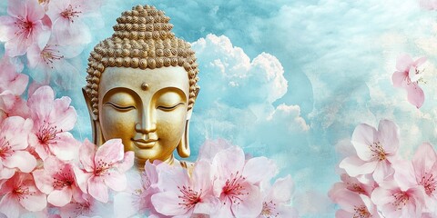 Wall Mural - Golden Buddha portrait with glowing pink flowers, lotus, and clouds digital art painting background wallpaper